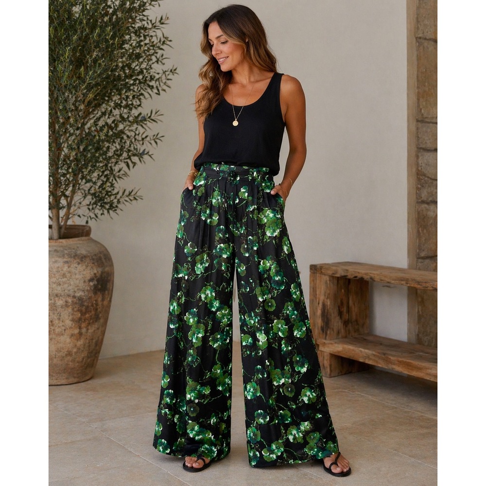 Elevenses Anthropologie Green Floral Wide Leg Pants Satin High Waist Size 2